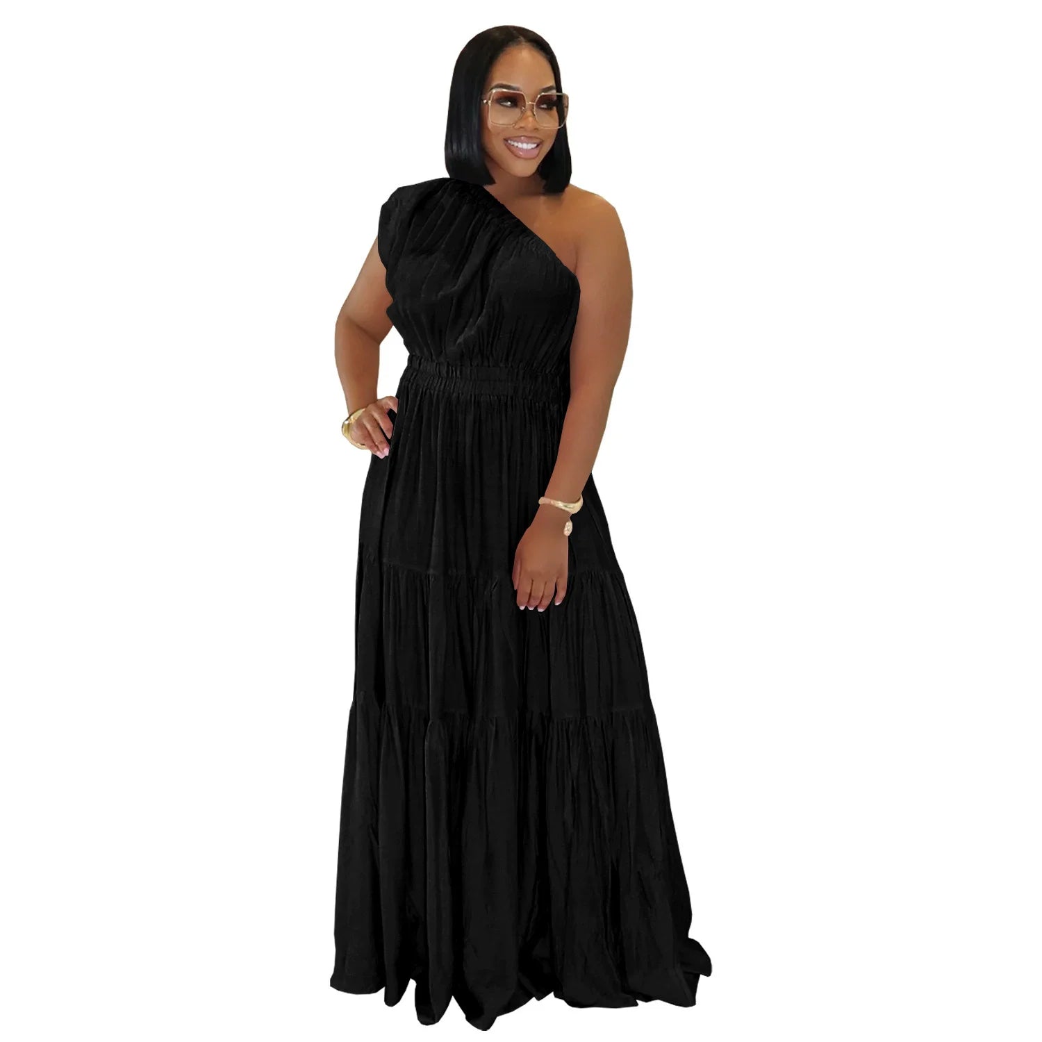 Women’s Sleeveless Skew Neck Ruched Maxi Dress