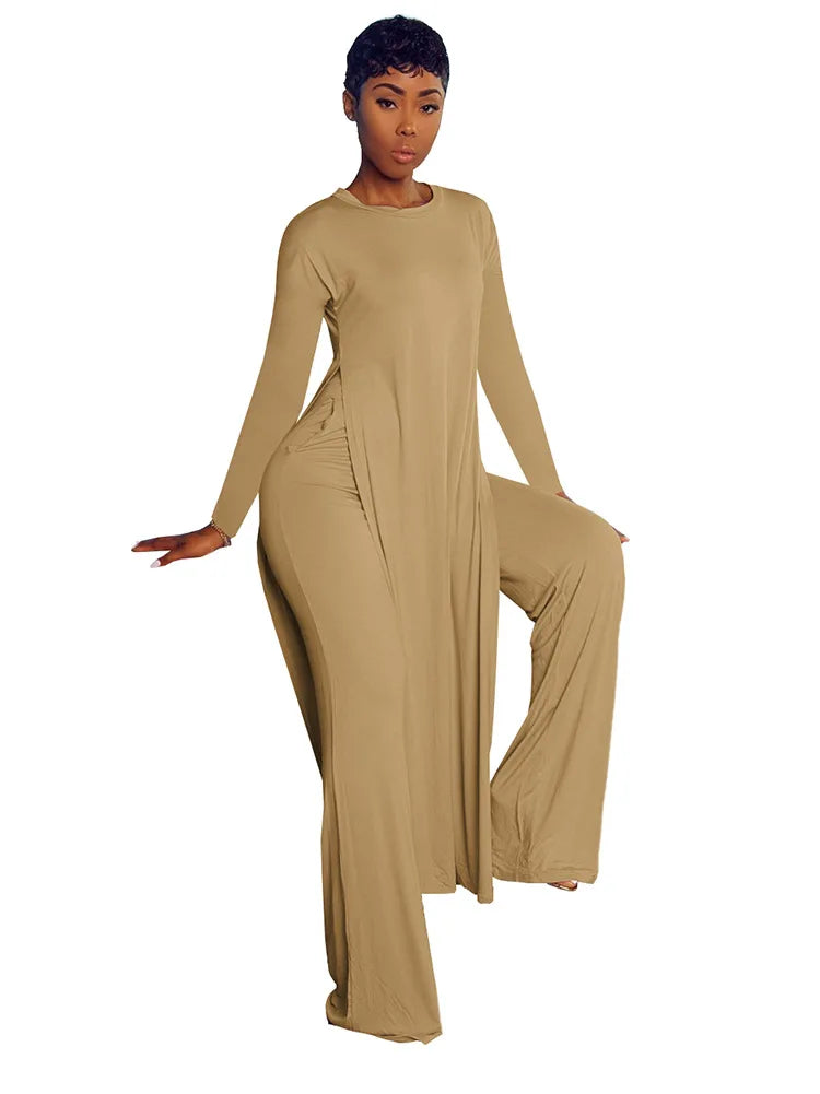 Women's Long Sleeve High Slit X-long Tee Top & Straight Pant Suit