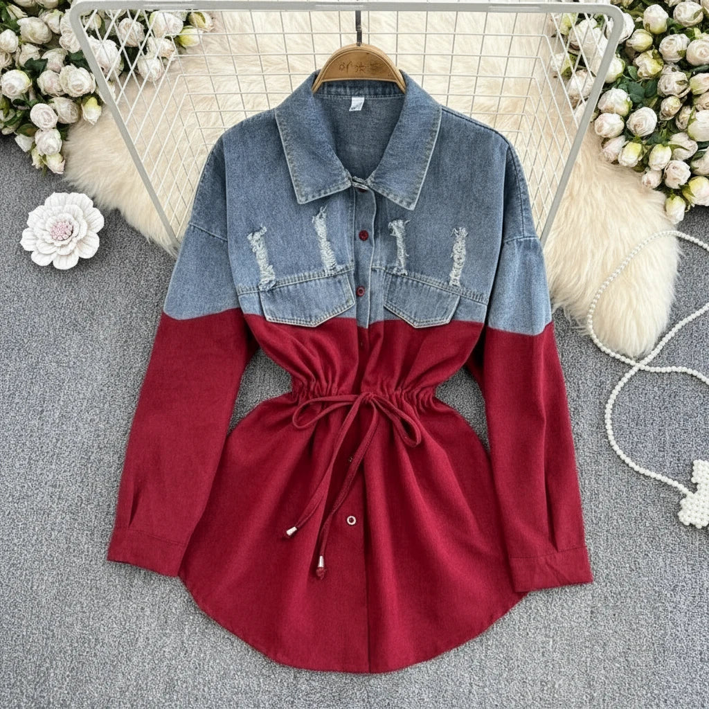 Turn Down Collar Contrast Color Denim Style Patchwork Drawstring Blouse