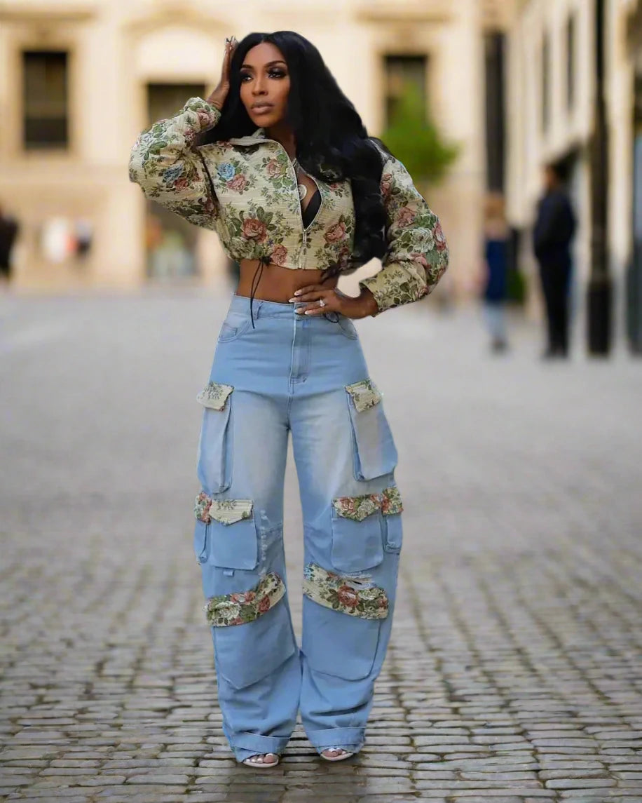 Washed Denim Full Sleeve Floral Jacket and Pockets Cargo Jeans 2 Piece Set