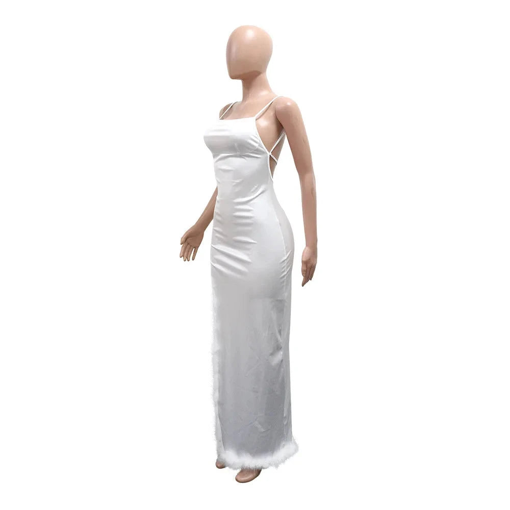 Women Spaghetti Strap High Side Split Bodycon Maxi Dress