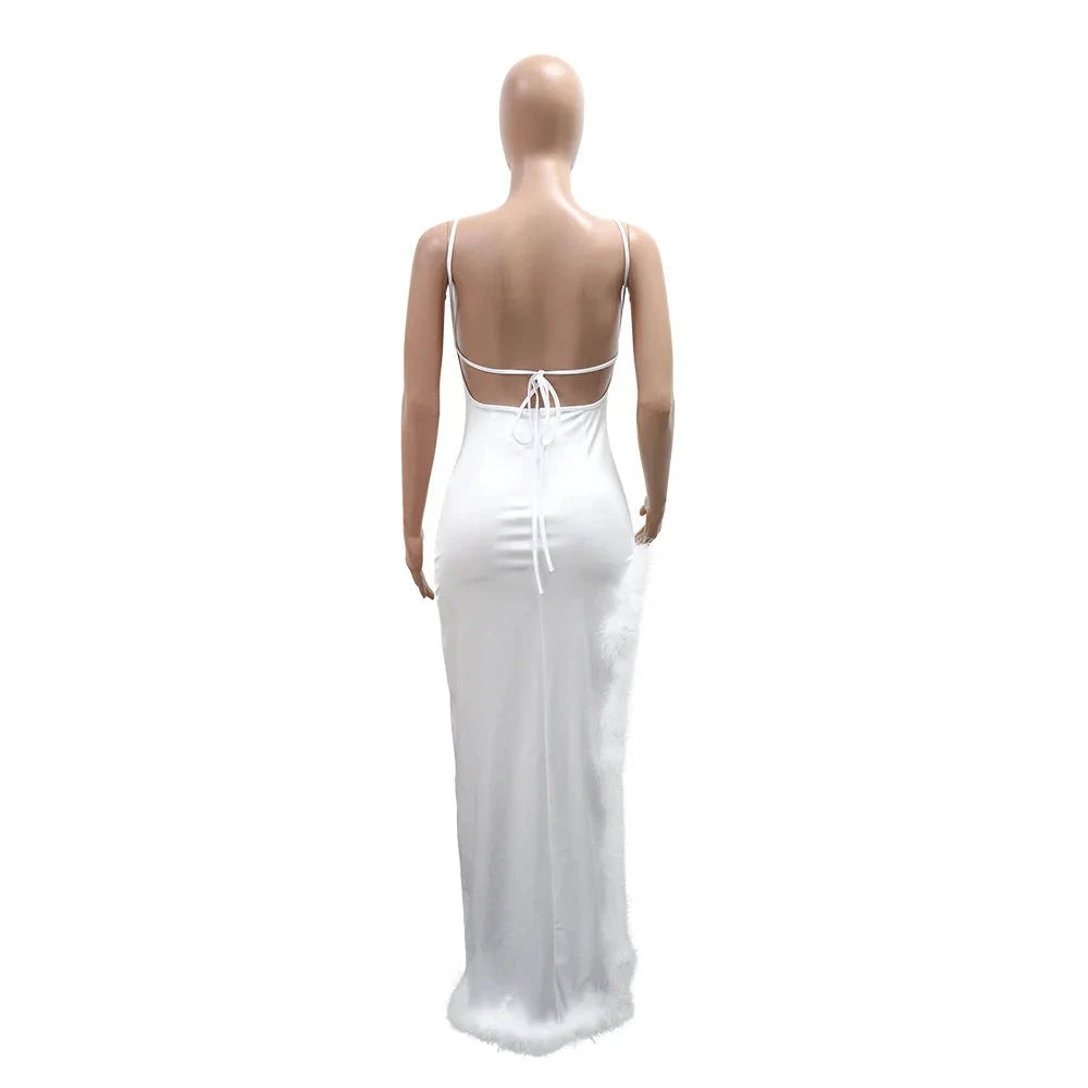 Women Spaghetti Strap High Side Split Bodycon Maxi Dress