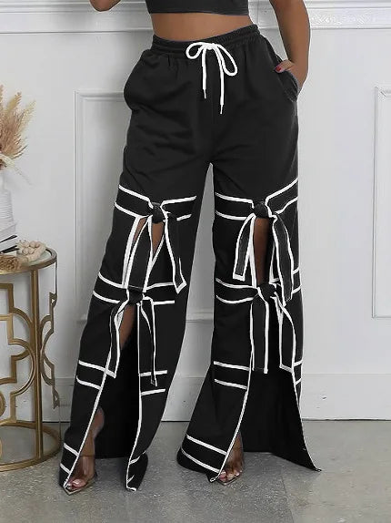 Women’s Striped Patchwork Bowknot Split Wide Pants