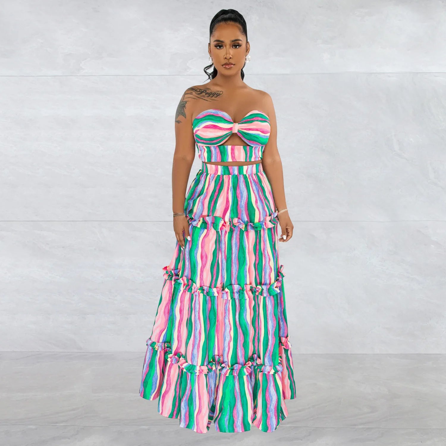 Women’s Colorful Striped Tiered Maxi Skirt and Cutout Strapless Crop Top Set
