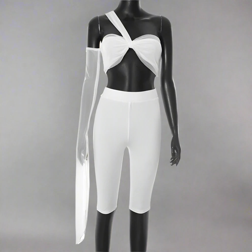 Women's One sleeve strapless Top and Capri Pant Two 2 Piece Set