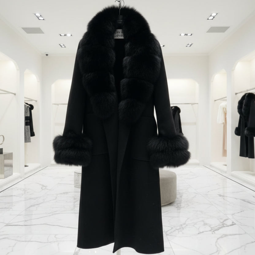 Woolen Fox Fur Collar Trench Coat Long