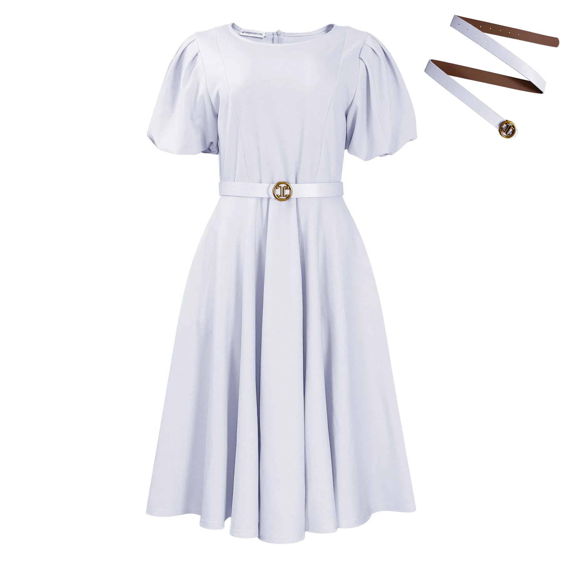 Women’s Long A Line Belted High Waist Puff Sleeve Dress