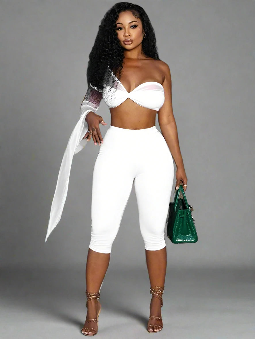 Women's One sleeve strapless Top and Capri Pant Two 2 Piece Set