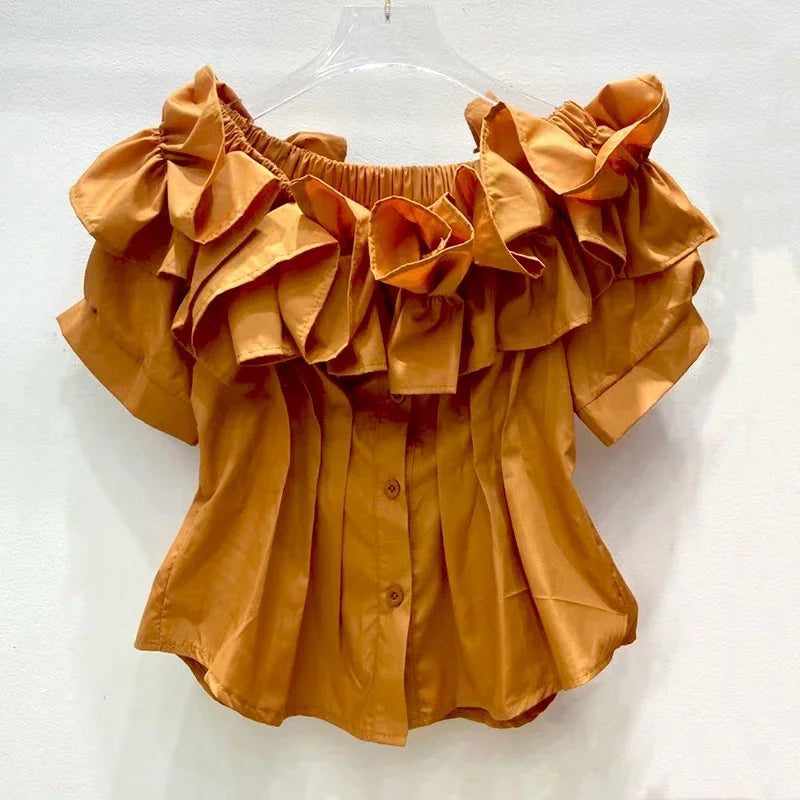 Women’s Pleated Tunic Ruffles Puff Sleeve Slash Neck Blouse