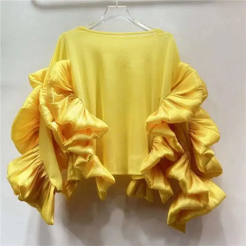 Women's O-neck Loose Stretch Irregular Patchwork Ruffles Edge