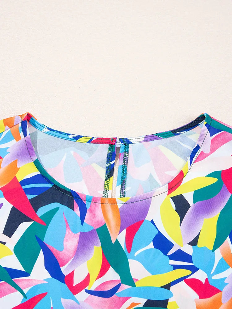 Plus Size Geo Print O-Neck Flying Sleeve Boho Ruffle Hem Loose Dress