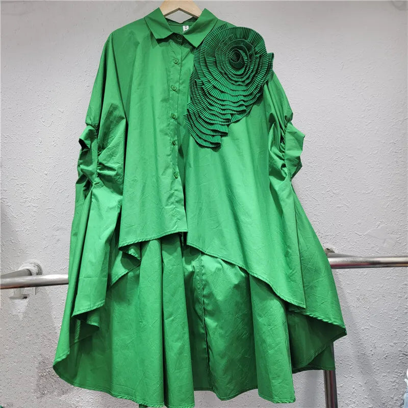 Women's Blouse Loose Irregular Solid Color Batwing Sleeve Flower Long Sleeve Casual Shirt