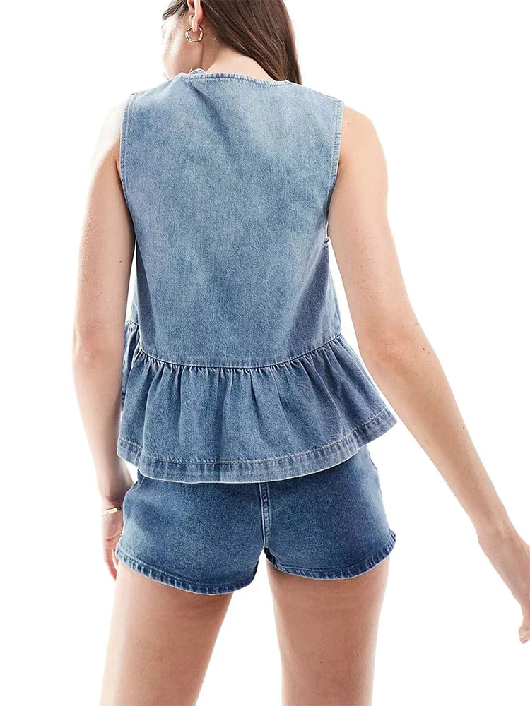 Women’s Lace Up Sleeveless Round Neck Denim Ruffles Hem Solid Vest