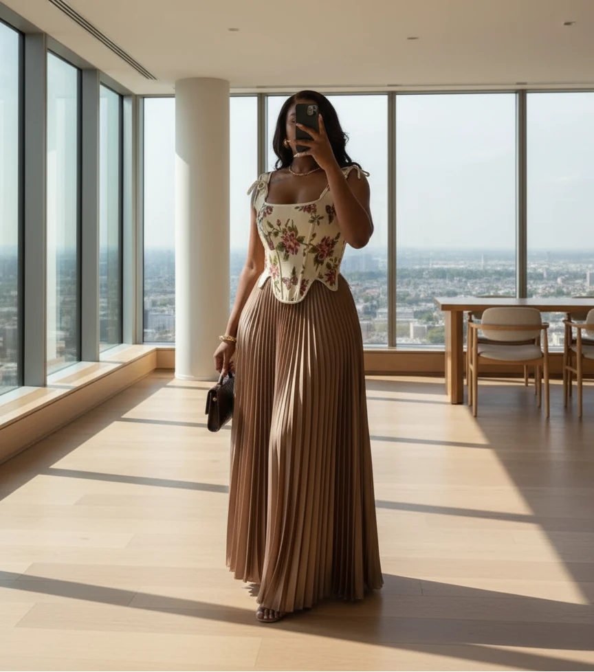 Women's Floral Print Waist-cinching Vest & Pleated Maxi Skirt Set