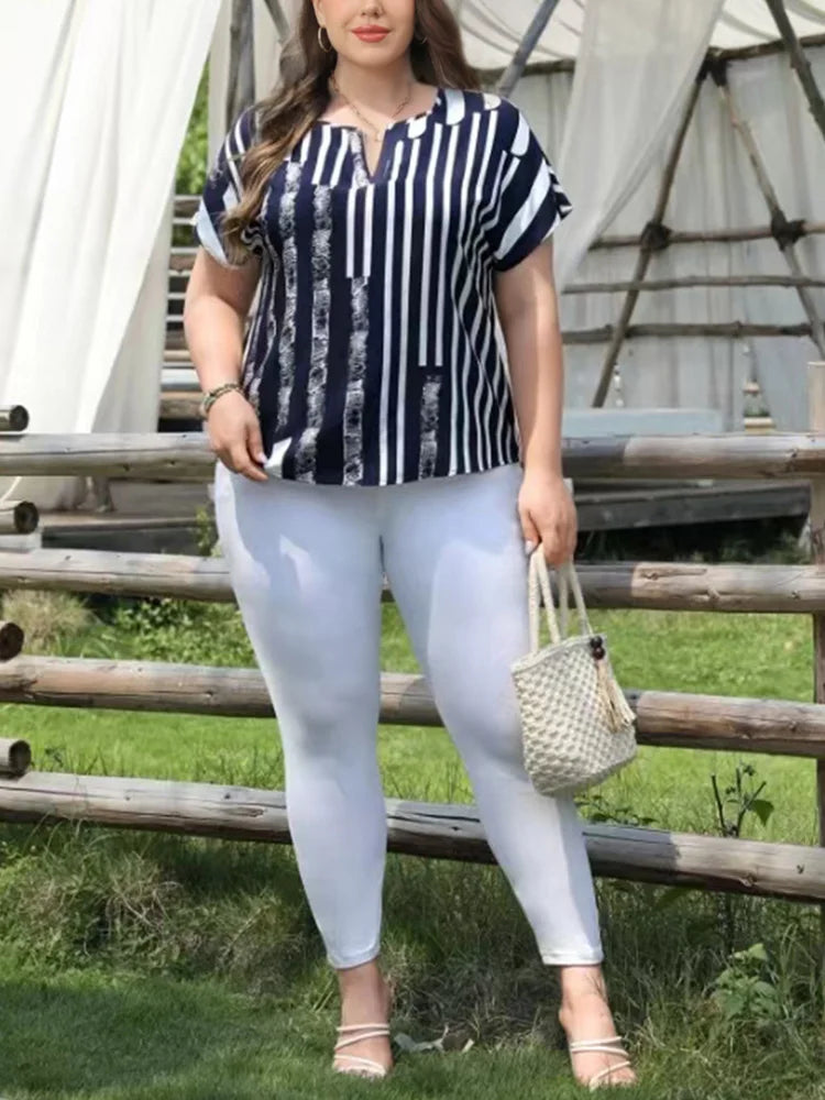 Plus Size Striped Notch Neck Raglan Sleeve Casual Blouse