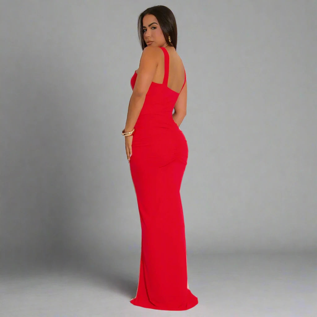 Women’s Sleeveless Cross V-neck Ruched Stacked Maxi Bodycon Dress