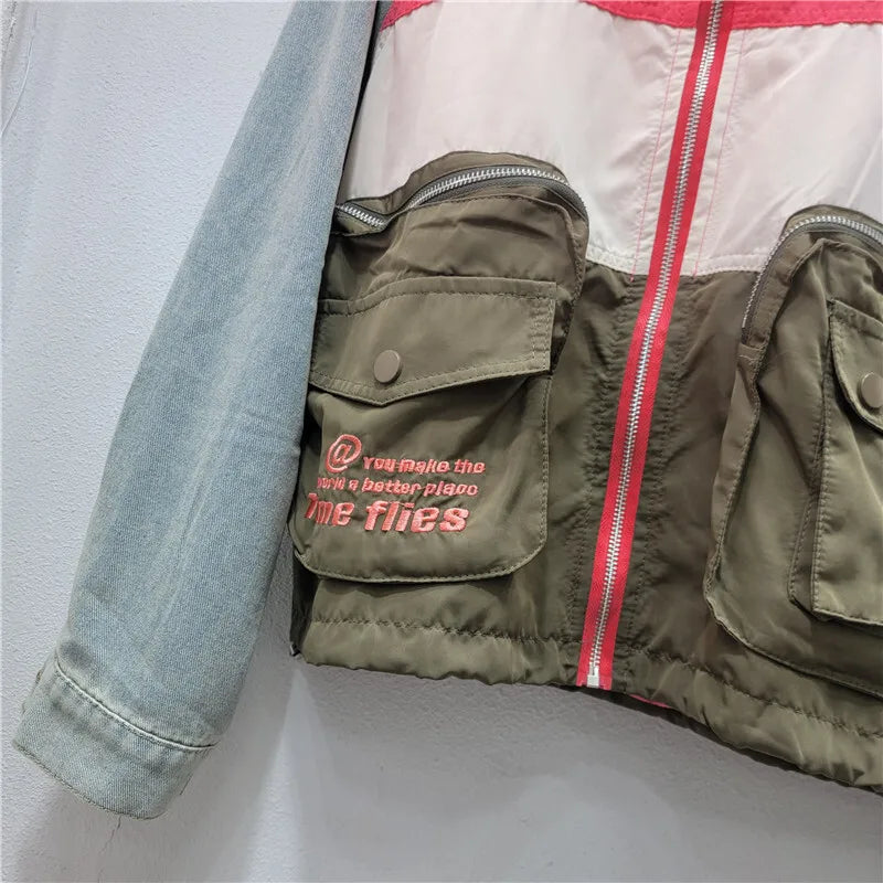 Women Patchwork Denim Raglan Sleeve Zipper Loose 3d Pockets Letters Embroidery Jacket