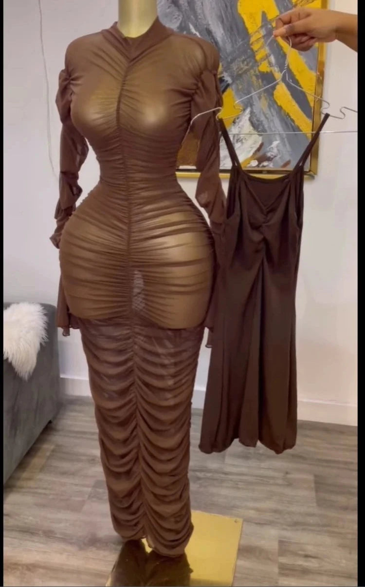 Women’s Flare Long Sleeve Stacked Ruched Mesh See-Though with Tank Maxi Dress
