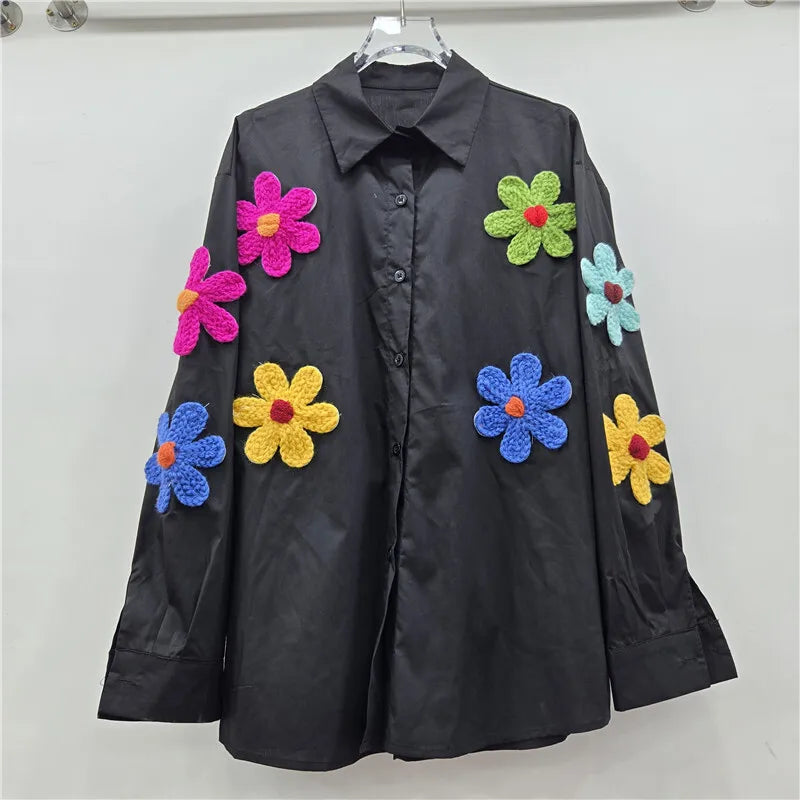 Women's Shirt Loose Colorful 3d Knitted Flower Long Sleeve