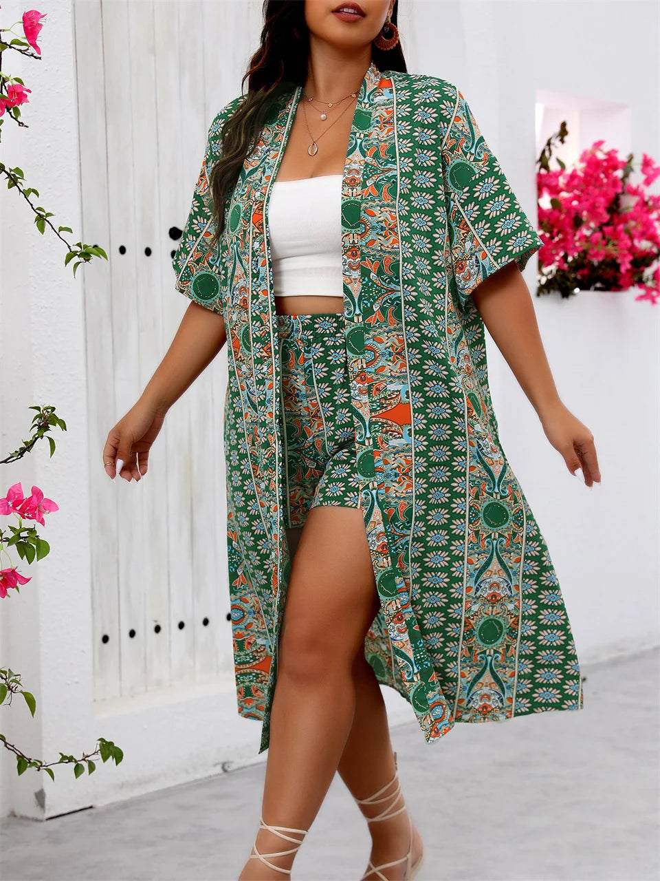 Women’s Plus Size Long Kimono Cardigan with Shorts Two Piece Set