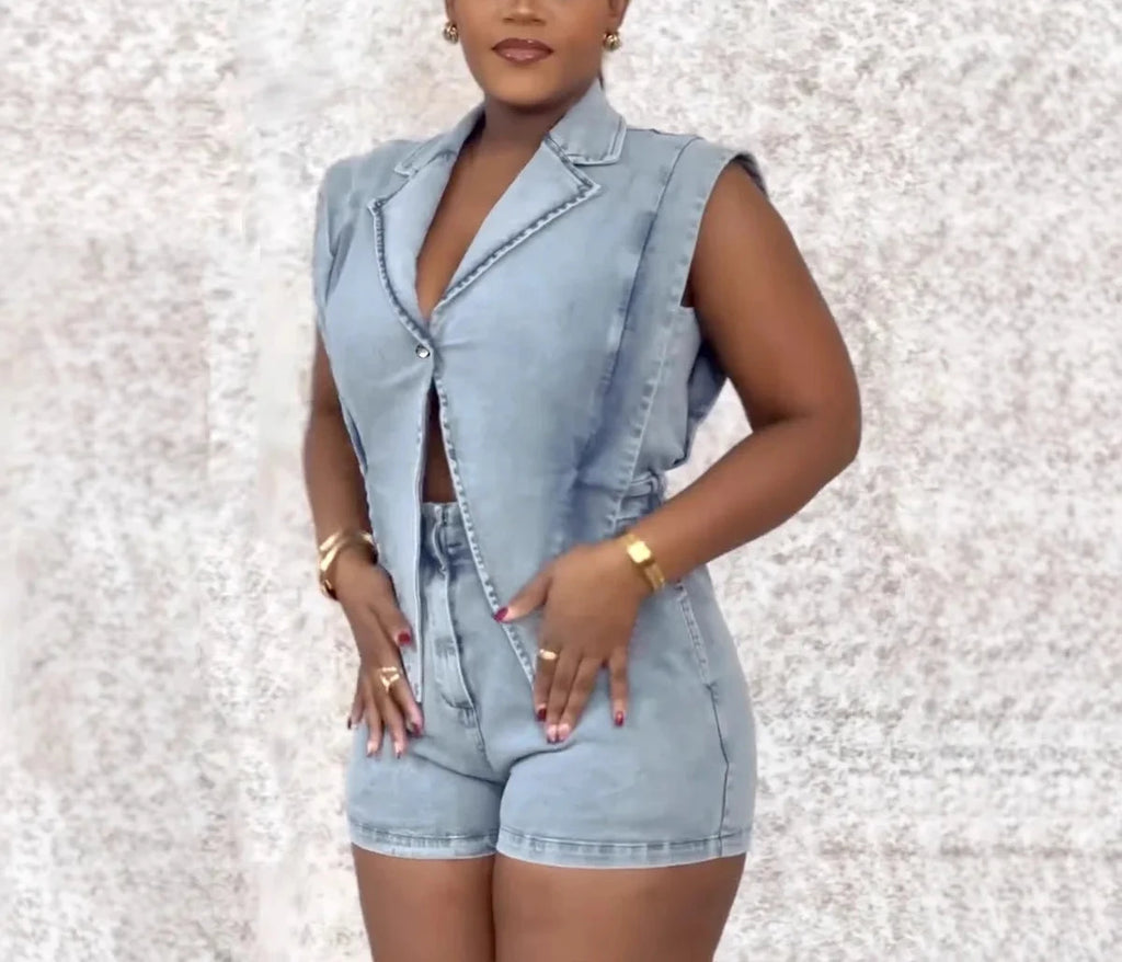 Women’s Denim Sleeveless Hollow Out Short Jumpsuit