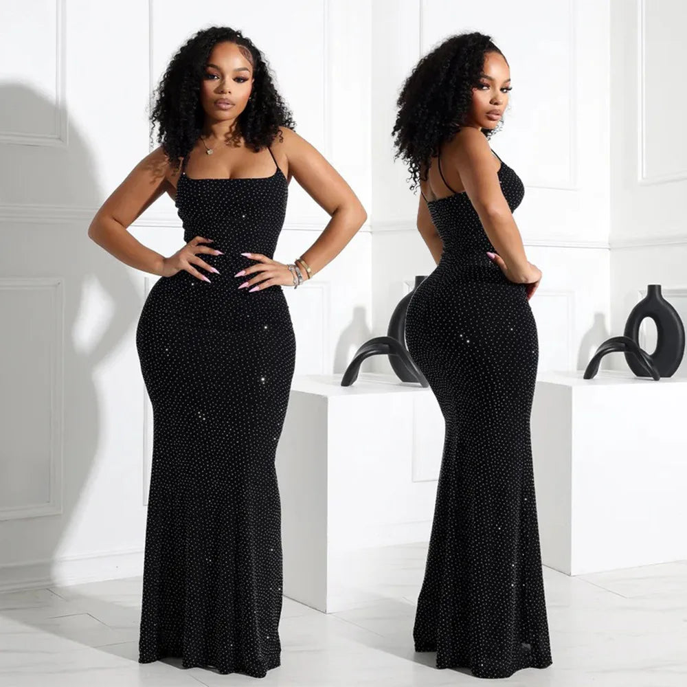 Women’s Rhinestones Strap Bodycon Maxi Dress