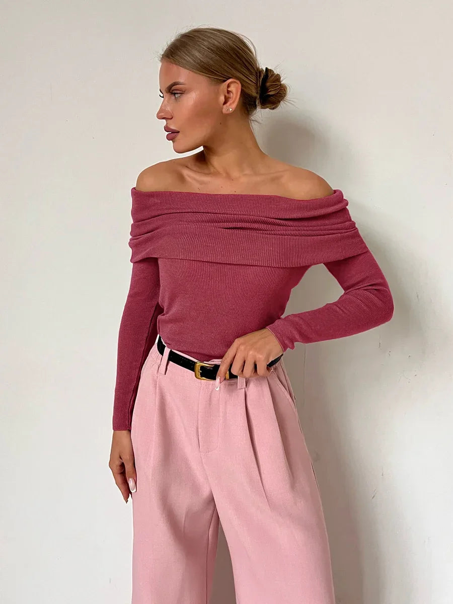 Women’s Knitted Long Sleeve Off Shoulder Basic Sweater