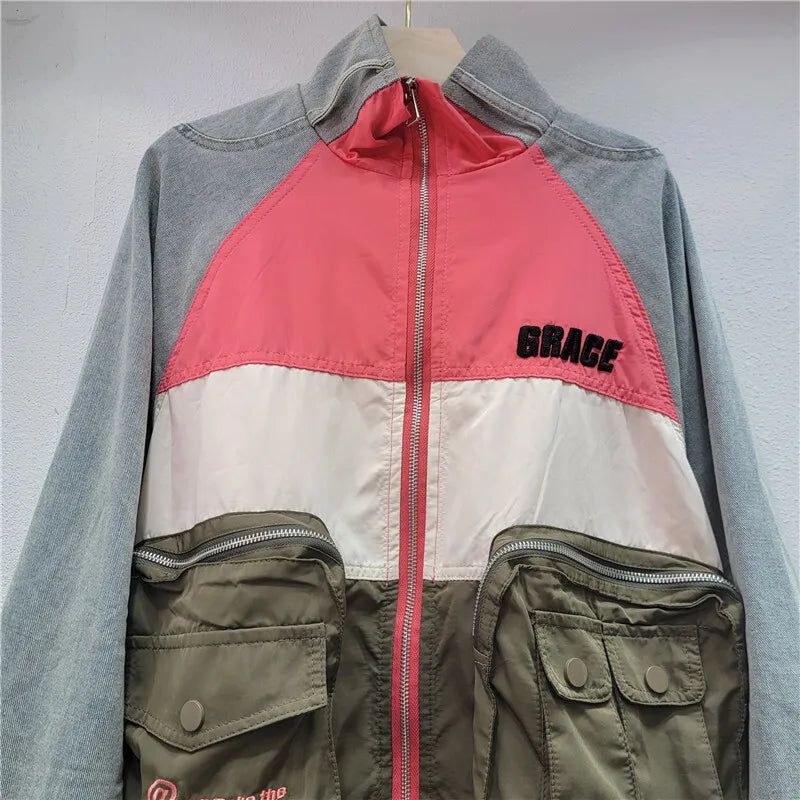 Women Patchwork Denim Raglan Sleeve Zipper Loose 3d Pockets Letters Embroidery Jacket