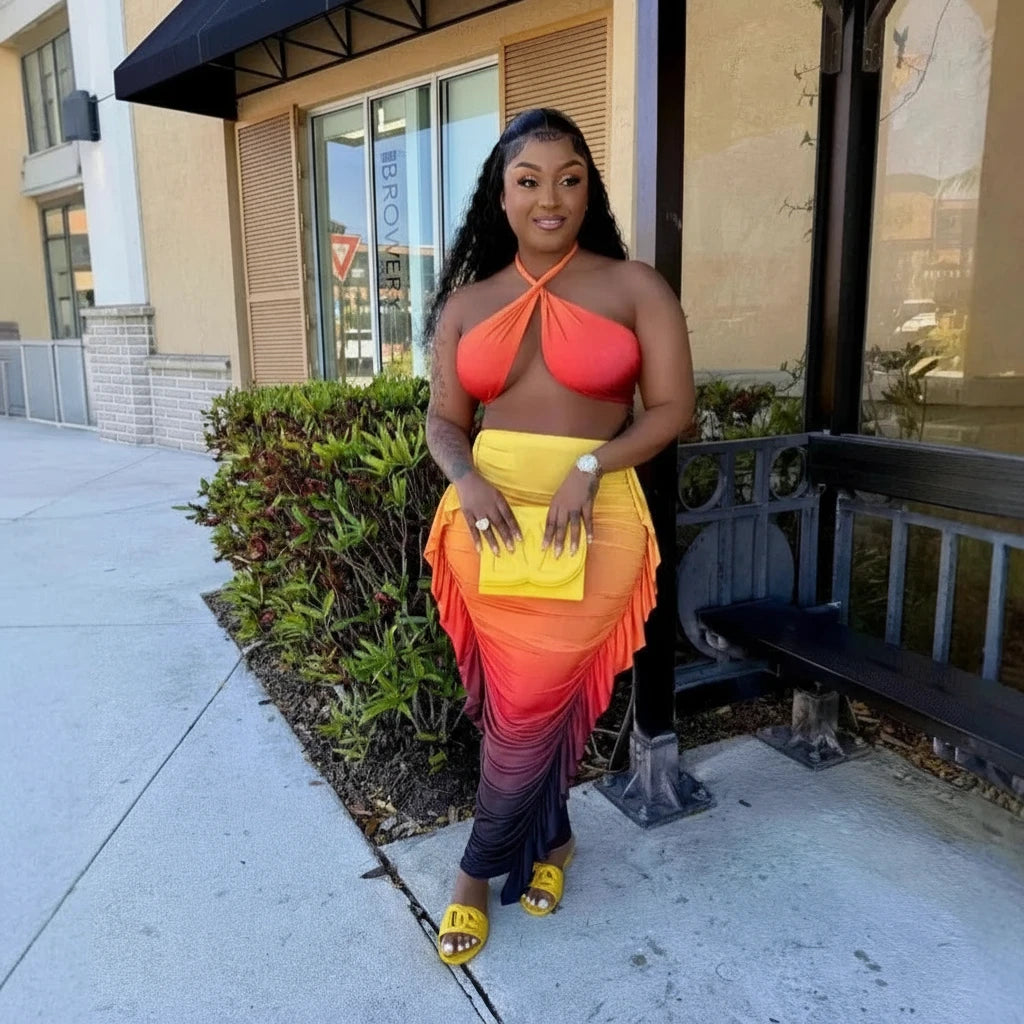 Gradient Printed Women' Sleeveless V Neck Crop Top &  Bodycon Tassel Maxi Skirt