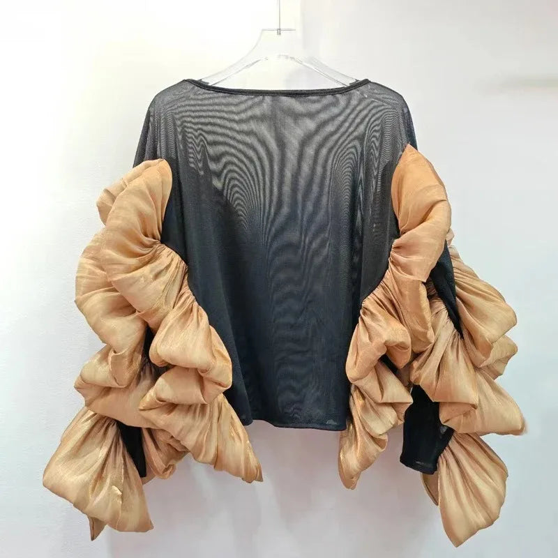 Women's O-neck Loose Stretch Irregular Patchwork Ruffles Edge