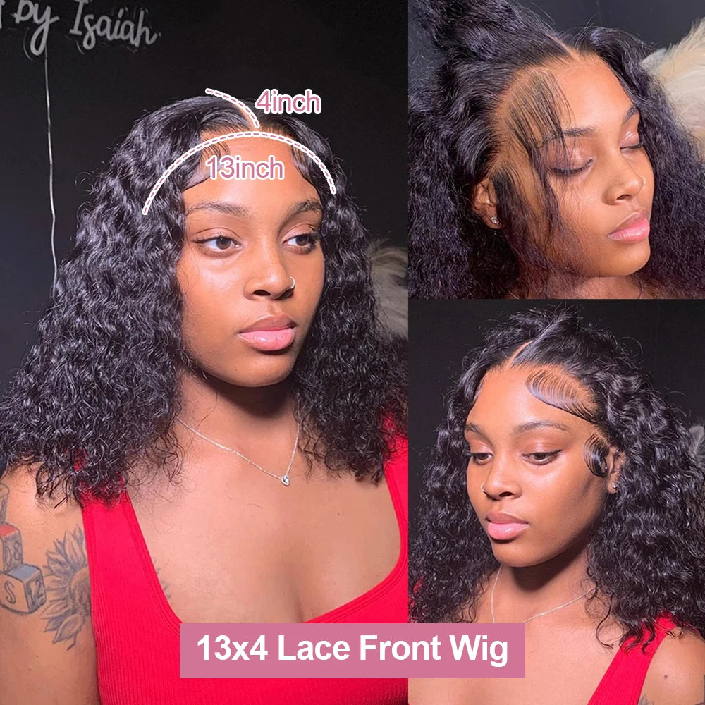 Curly 13x4 Lace Frontal Remy Brazilian 100% Human Hair 250 Density Deep Wave Bob Lace Front Wig