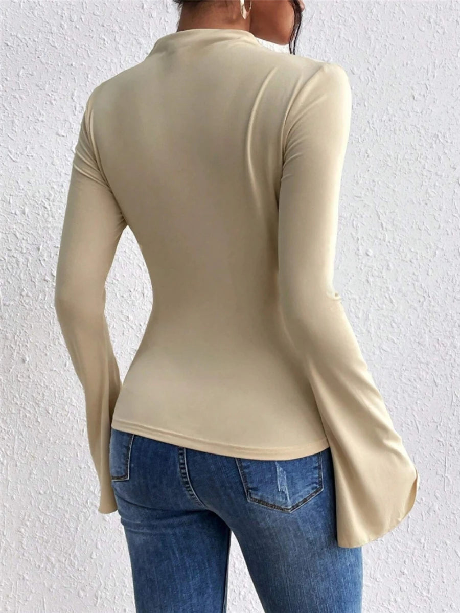 Pleated Design-Inspired Flared Long Sleeves Slim Fit Blouse