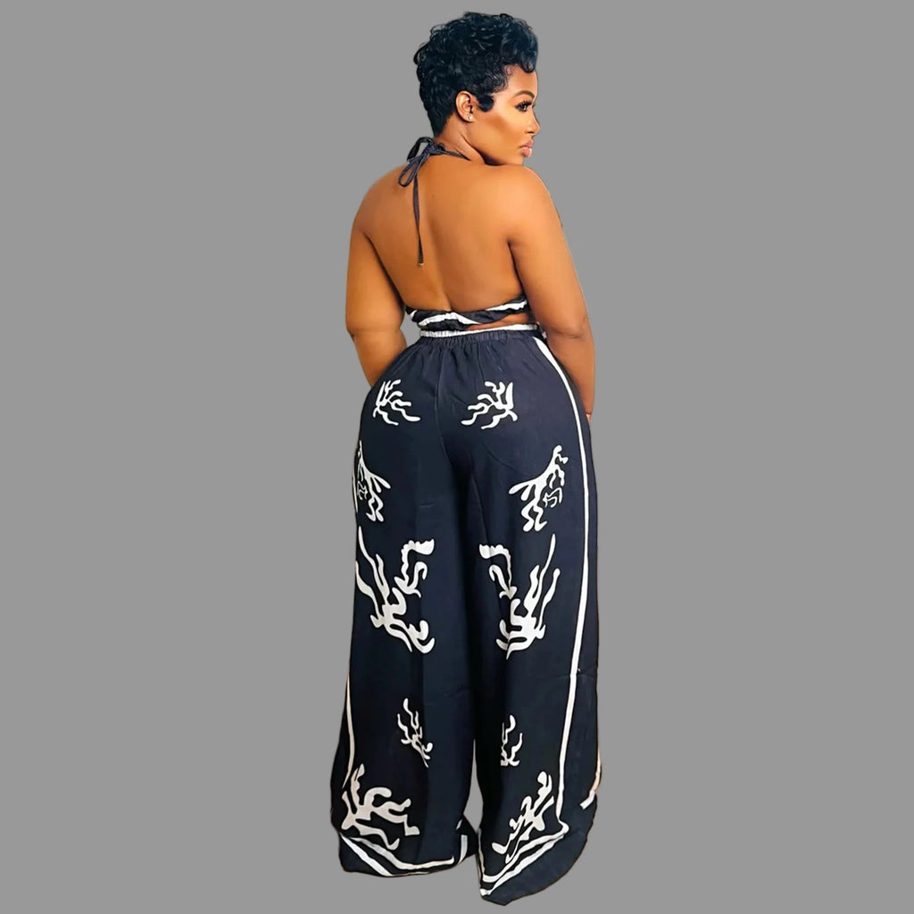 Women's Strap V-neck Crop Top and Wide Leg Pants Set
