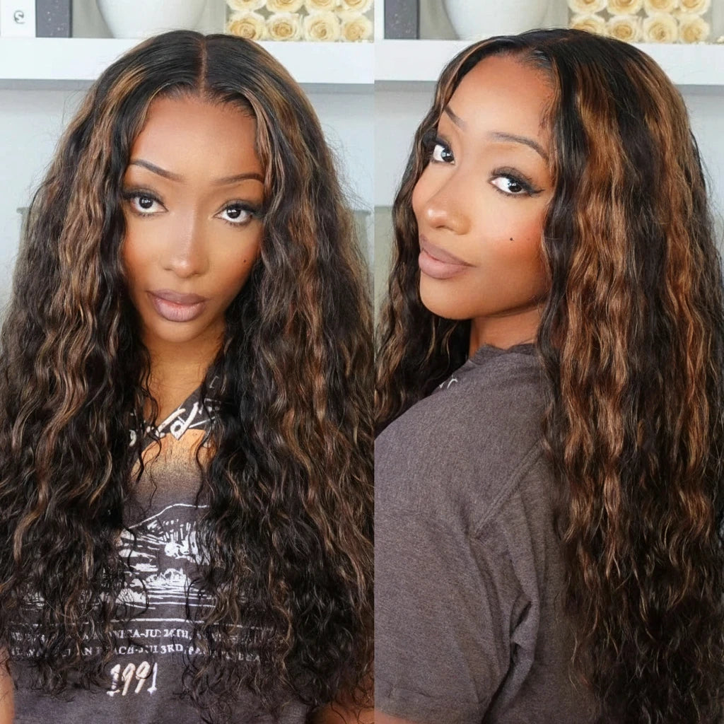 Lace 7x5 Bye-Bye Knots Brown Highlights Water Wave Human Hair Ready To Wear Wig