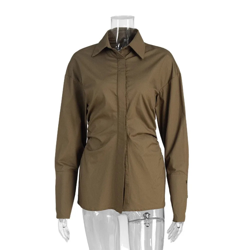 Women’s Solid Spliced Slimming Lapel Long Sleeve Tunic Temperament Blouse