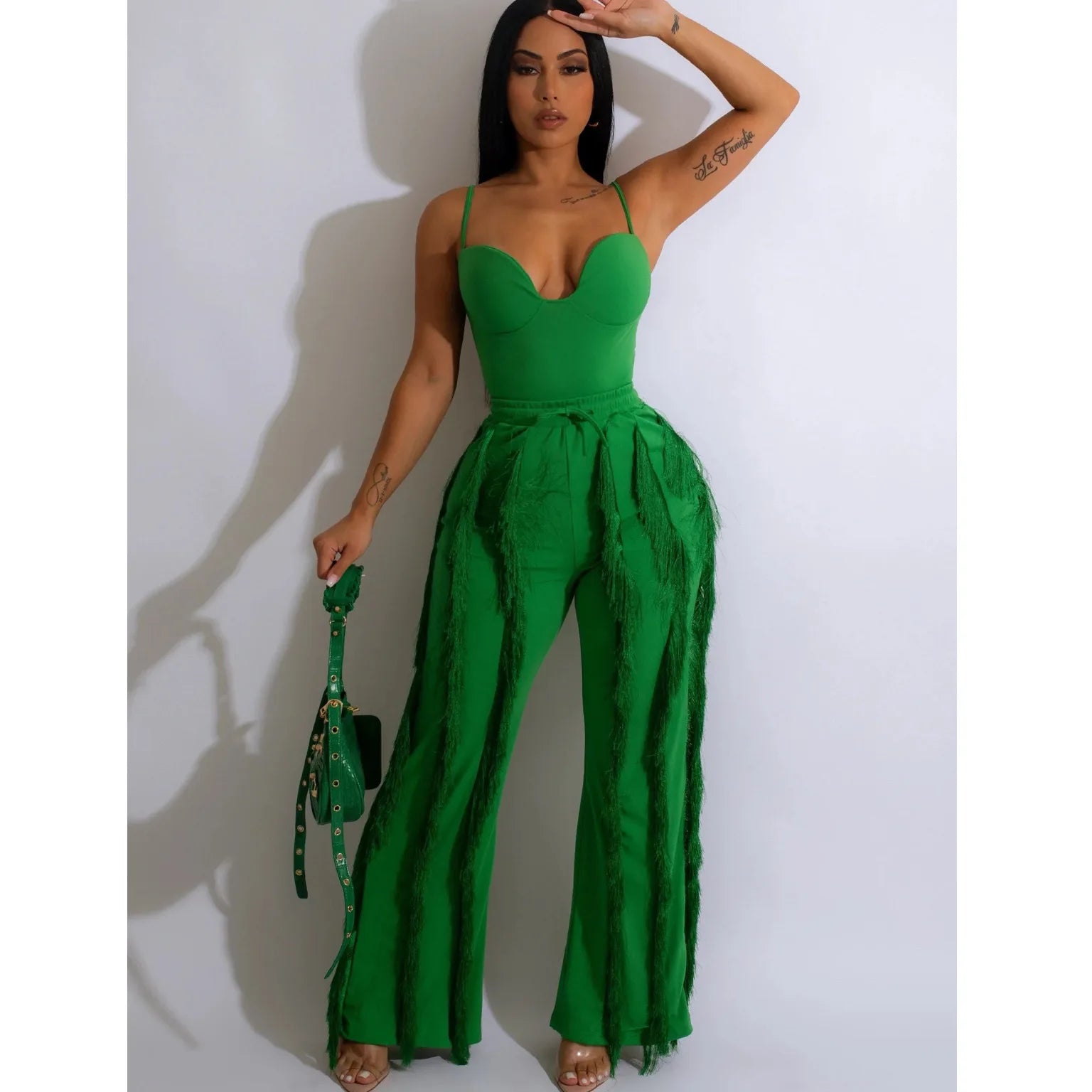 Women's Strapless Plunging V-neck Top and Tassel Straight Pants Jumpsuit