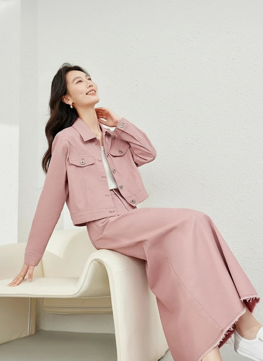 Pink Denim Maxi Jacket Skirt Set