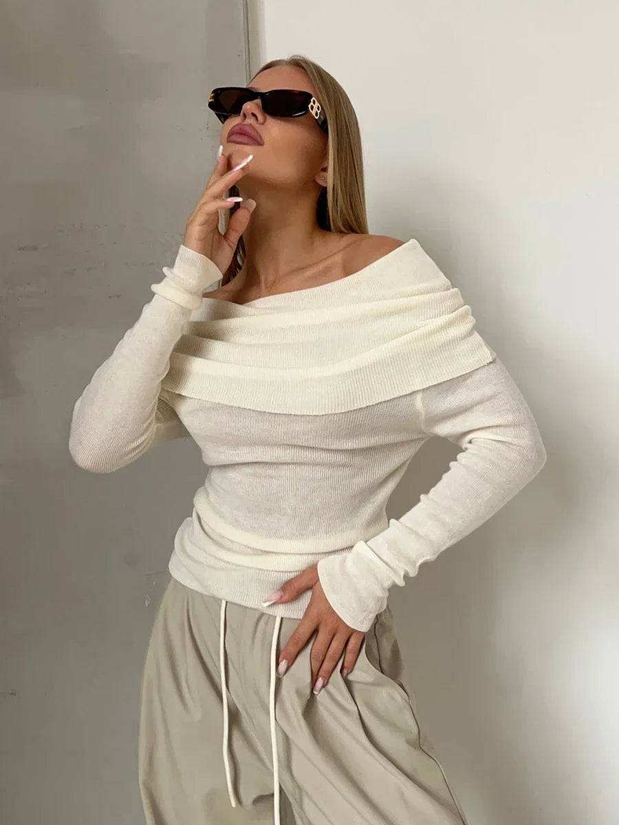 Women’s Knitted Long Sleeve Off Shoulder Basic Sweater