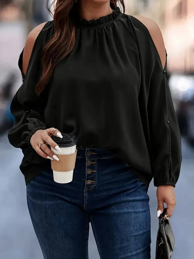 Plus Size Long Sleeve Slit Stand Collar Loose Casual Blouse