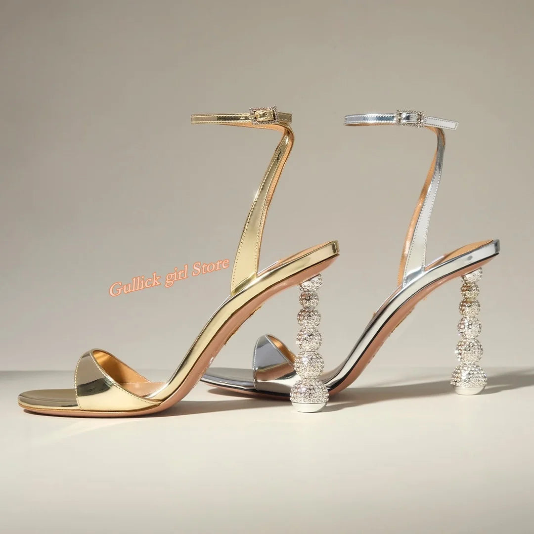 Crystal Ball High Heel Sandals Ankle Buckle Strap Open Toe Dress Shoes