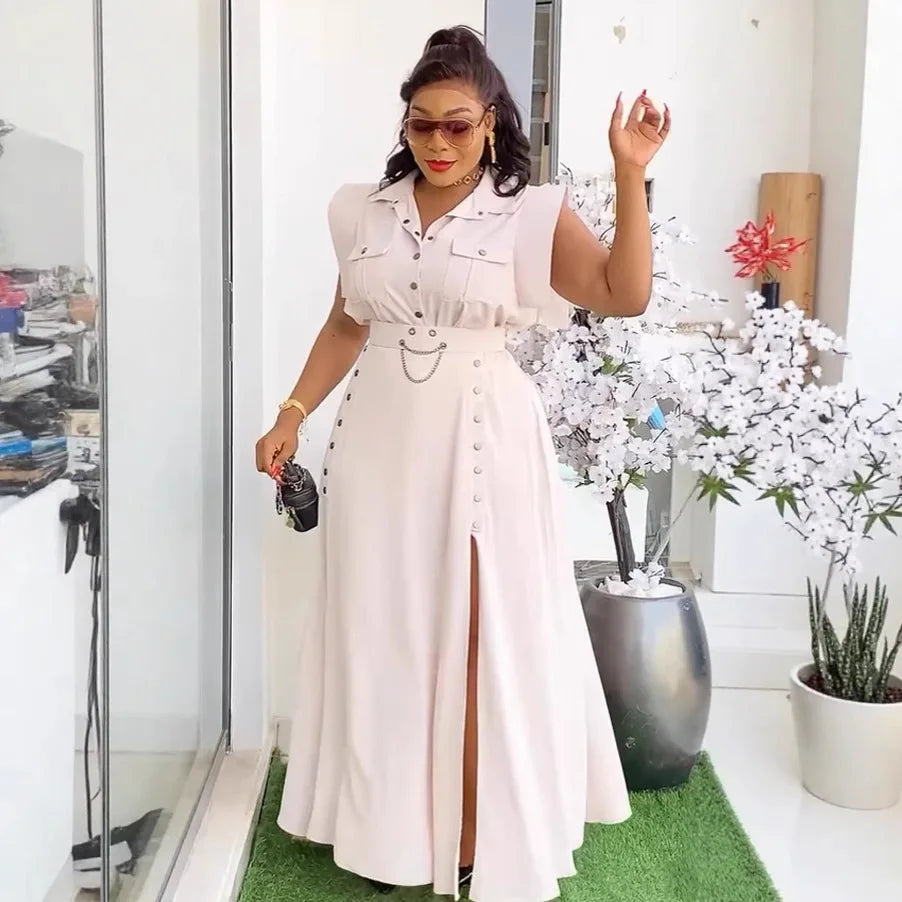 Women's  OL Sleeveless Shirt & Cargo Split Maxi Skirt Set