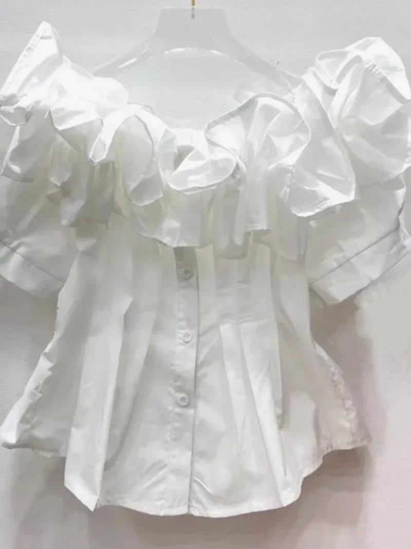 Women’s Pleated Tunic Ruffles Puff Sleeve Slash Neck Blouse