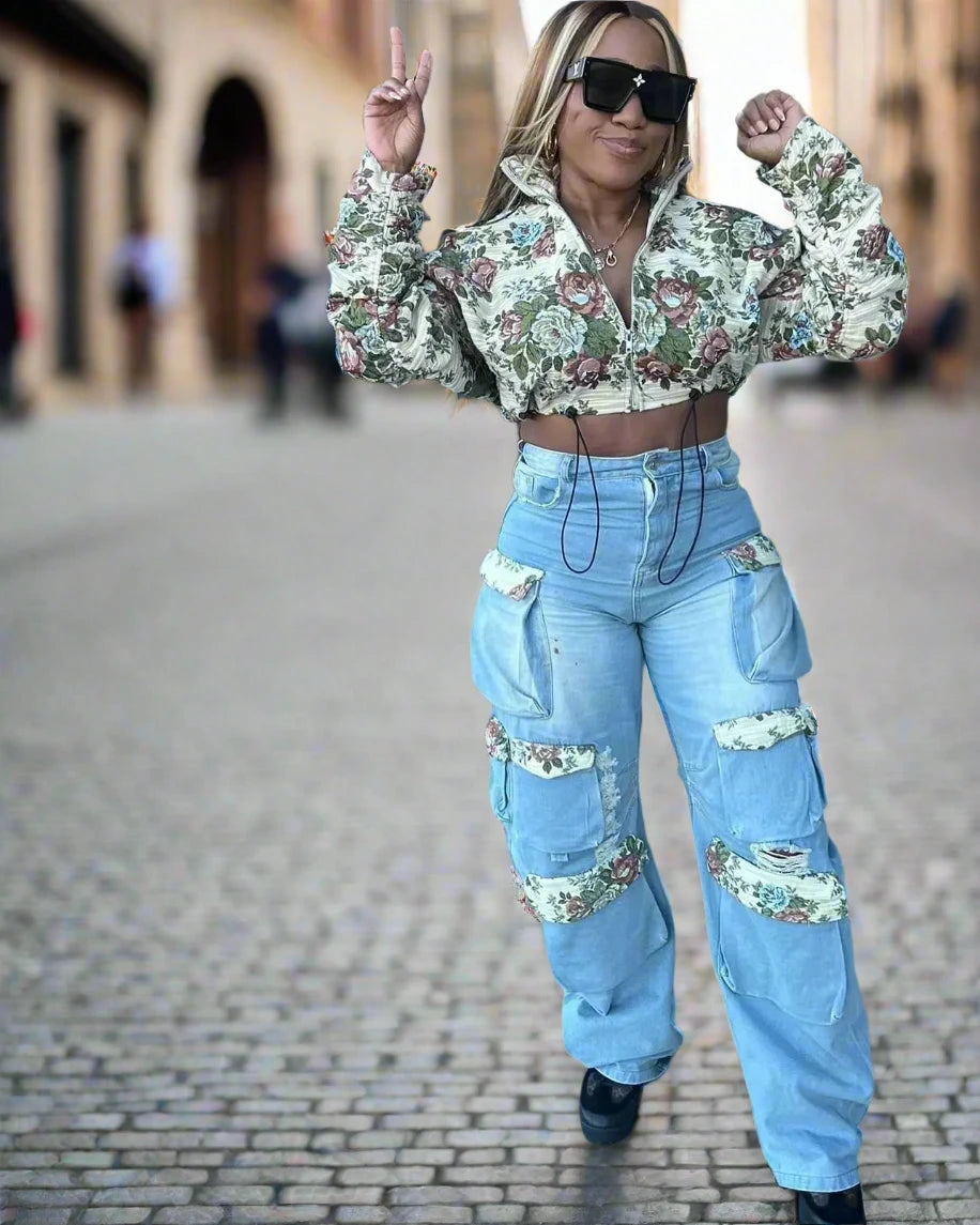 Washed Denim Full Sleeve Floral Jacket and Pockets Cargo Jeans 2 Piece Set