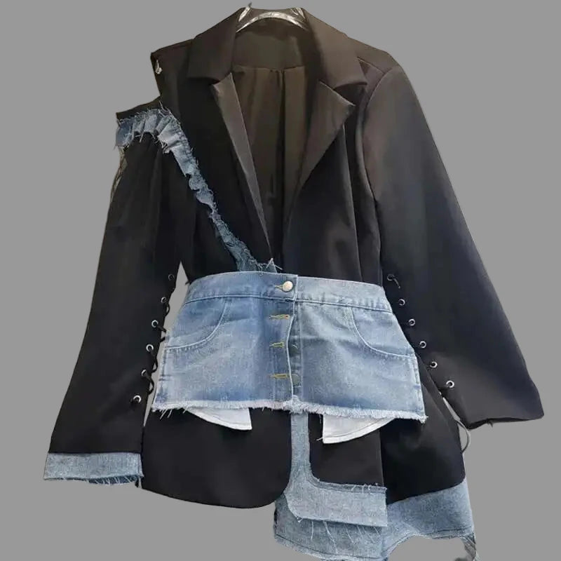 Women's Denim Patchwork Off-shoulder Single Breasted Belt Waisted Suit Jacket