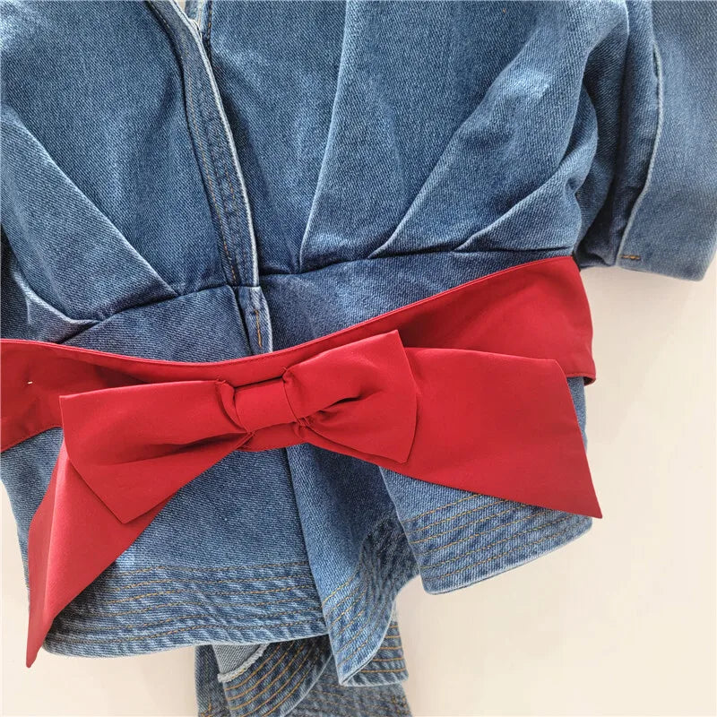 Women's Denim Shirt Deep V-neck Backless Short Sleeve Contrast Blouse