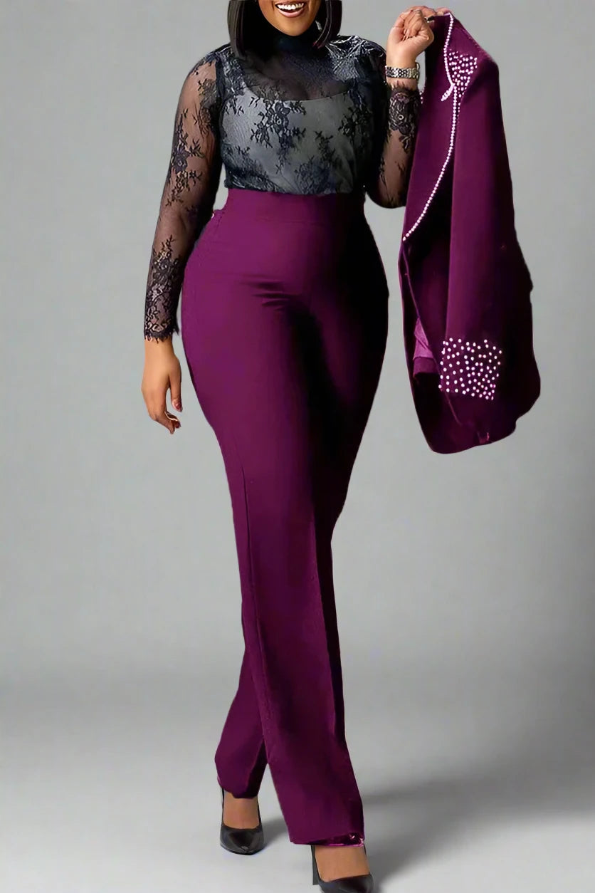 Women's Pearl Splicing Long Sleeve Blazer and Wide Leg Pants Suit