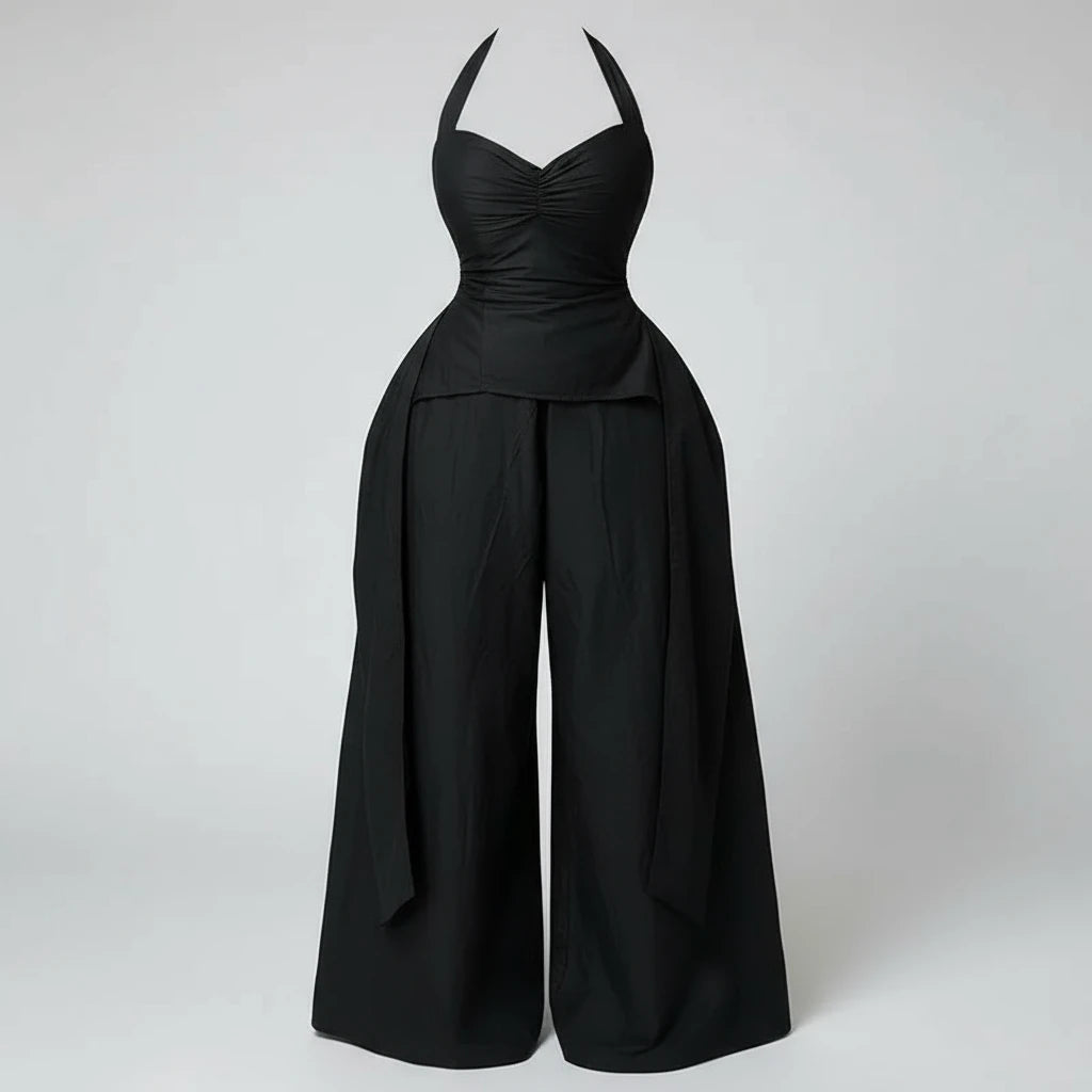 Women's Set Halter V-neck Ruched Front Streamer Side Crop Top & Wide Leg Pants Set