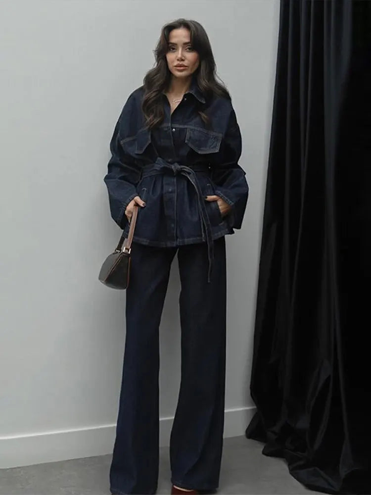 Women’s Denim Jacket With Lapel Belt and Wide Leg Jeans