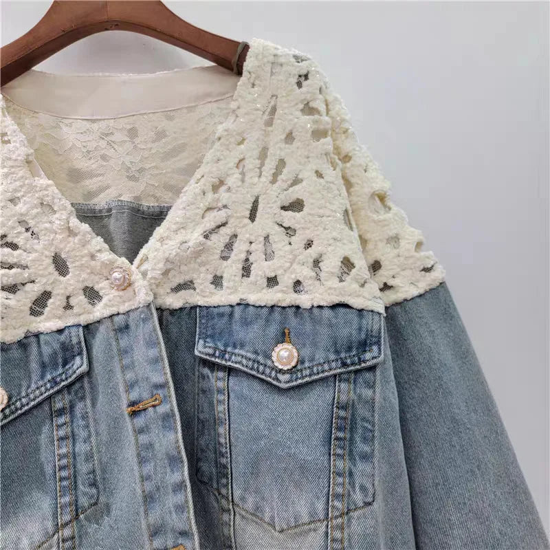 Women's Denim Patchwork Lace Hollow Out Shoulder V-neck Single Breasted Jacket