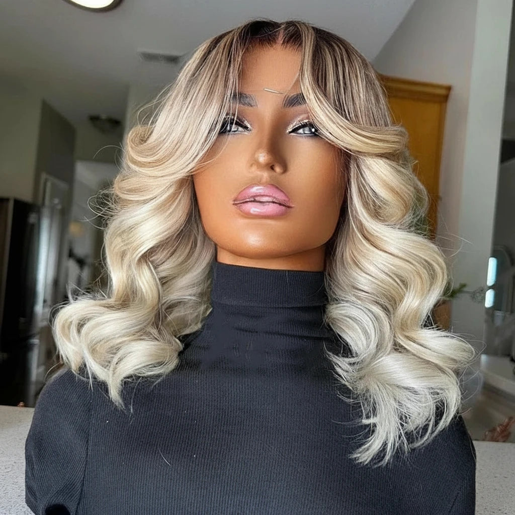 Ombre Gray Blonde With Dark Root 613 Bob Body Frontal Wave Wig With Baby Hair 13x4 Bob